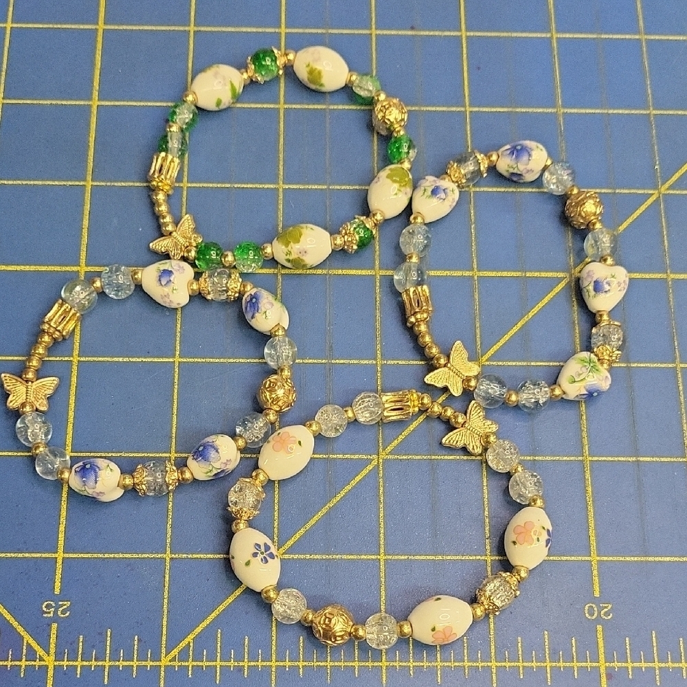 Gold Tone Green Blue Butterfly Bead 8" Stretch Bracelet Set of 4